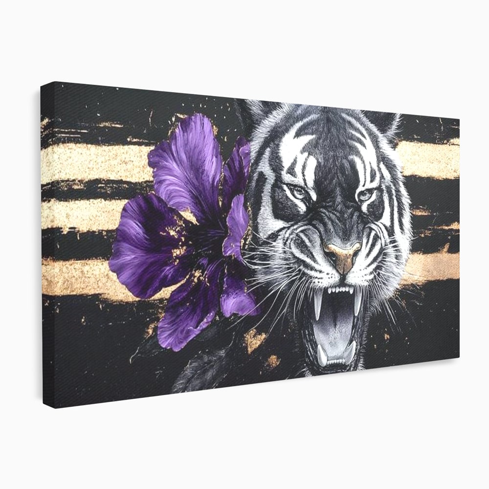 Tablou canvas cu tablou canvas cu tigru si iris violet, fara rama, pe sasiu de lemn